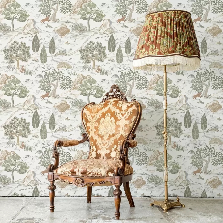 Accent Chair with Paisley Fringed Shade and Forest Mural