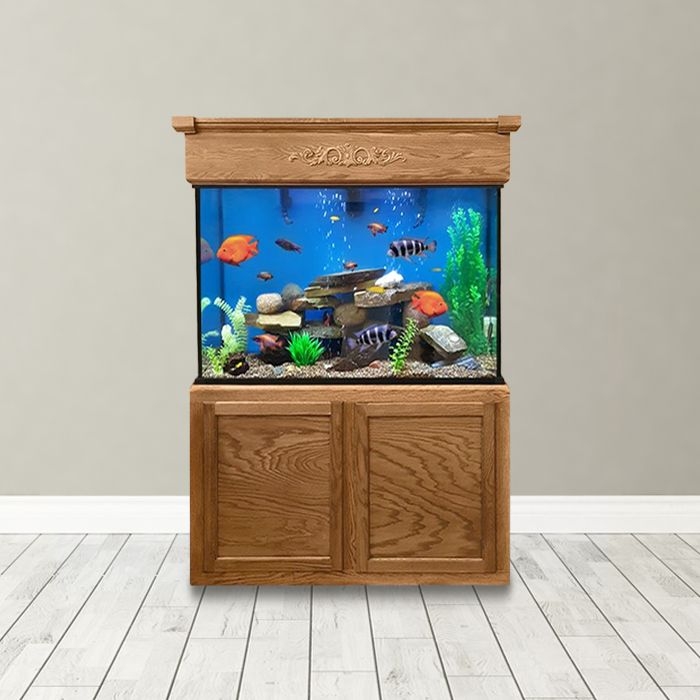 Aquarium Cabinet Set with Oak Grain and Carved Valance Canopy