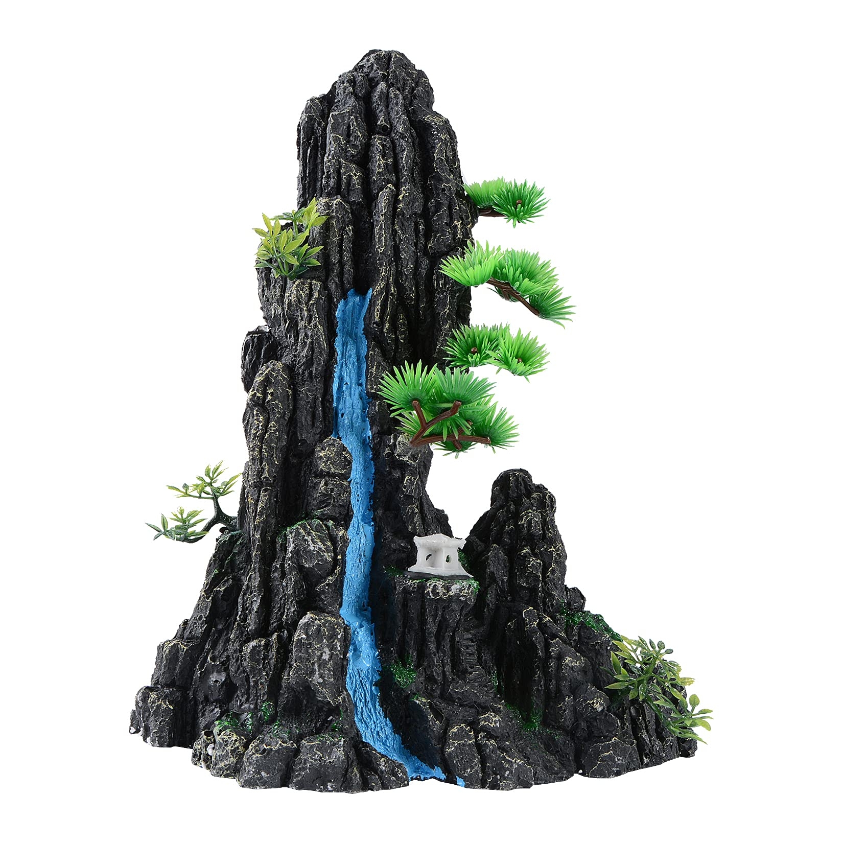 Aquarium Ornament with Vertical Waterfall and Miniature Pavilion
