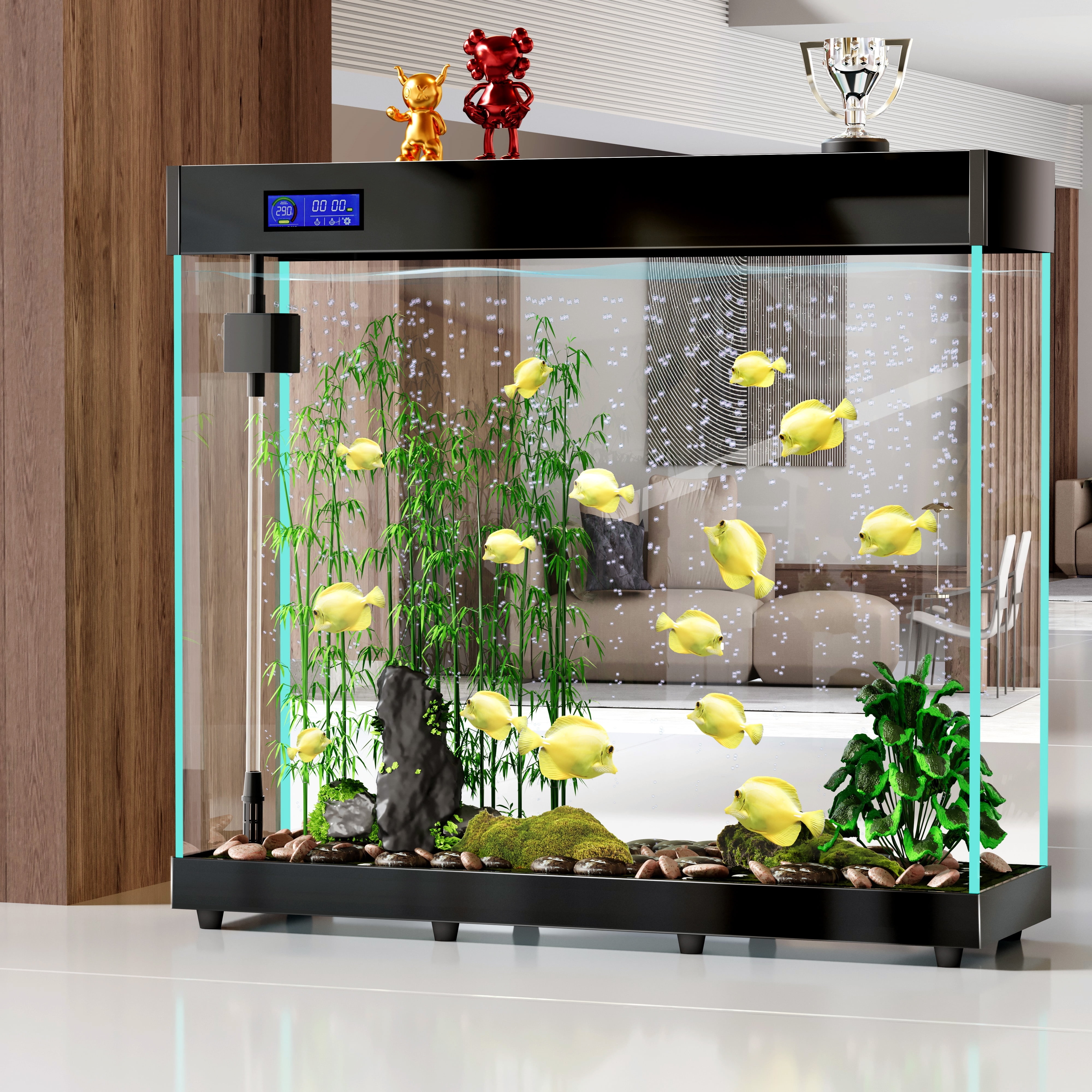 Aquarium with Digital Control Panel and Illuminated Teal Edges