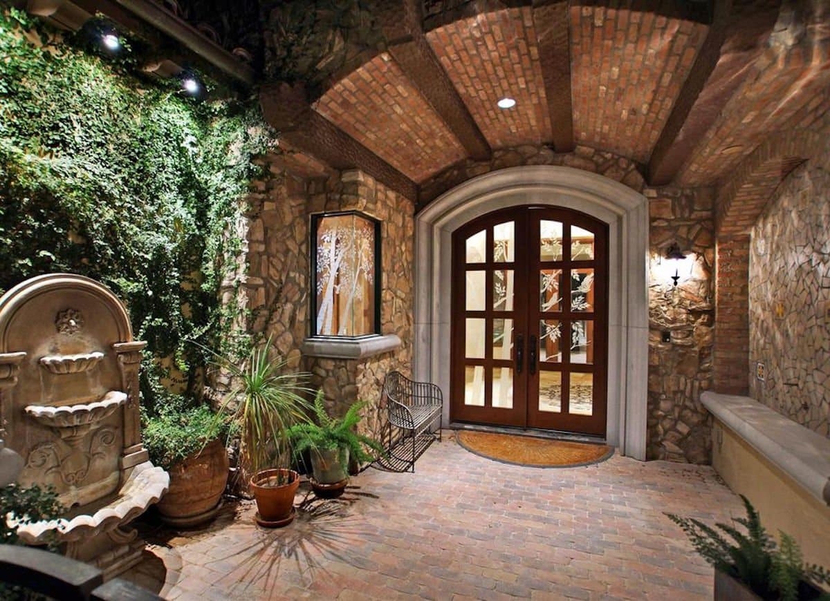 Arched Double Doors Etched Tree Glass Brick Vault