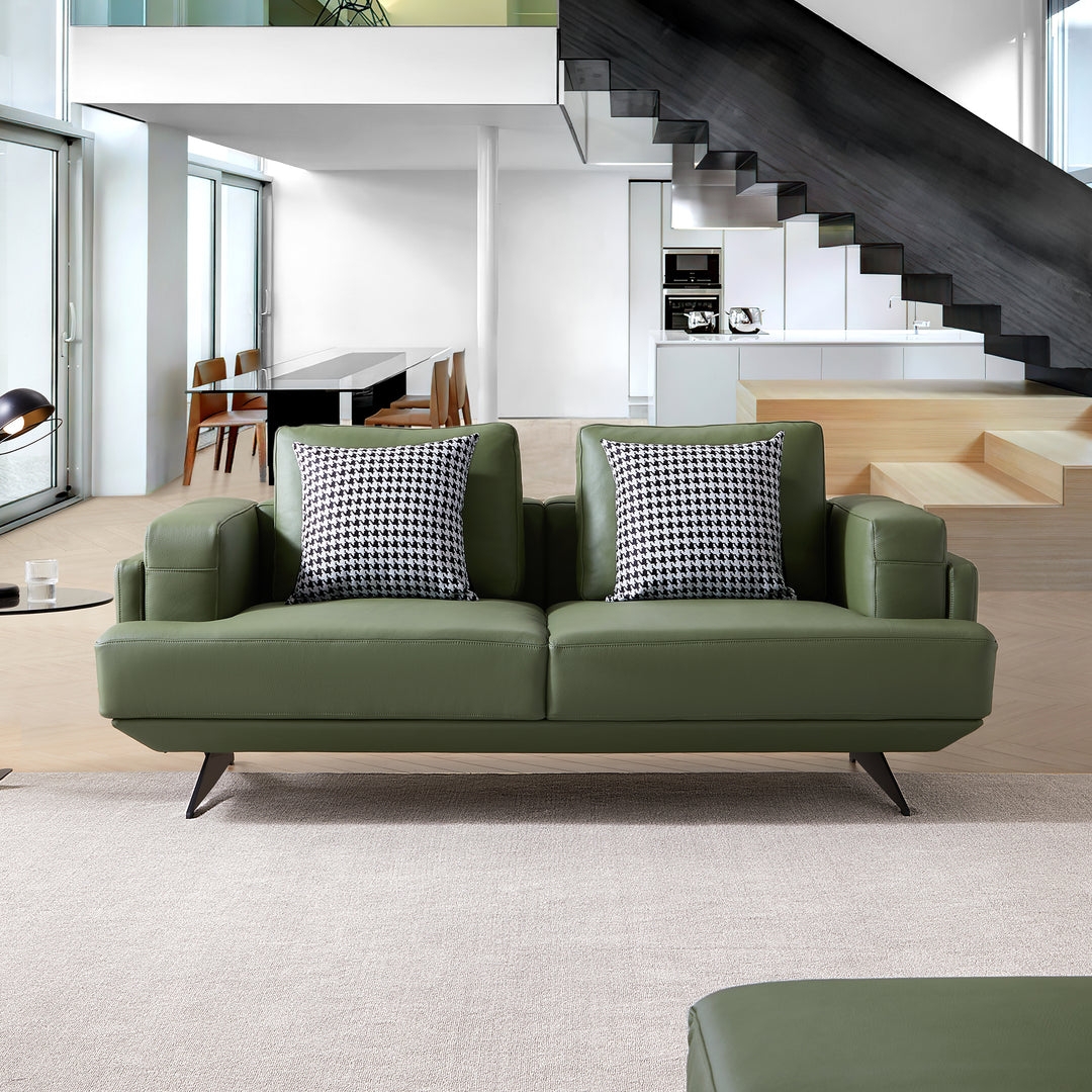 Architectural Leather Sofa with Split Cushion Back and Metal Legs