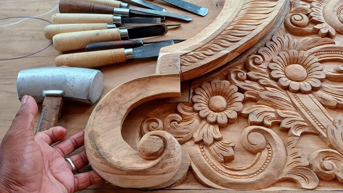 Architectural Wood Carving Panel with Ornate Scrollwork Details