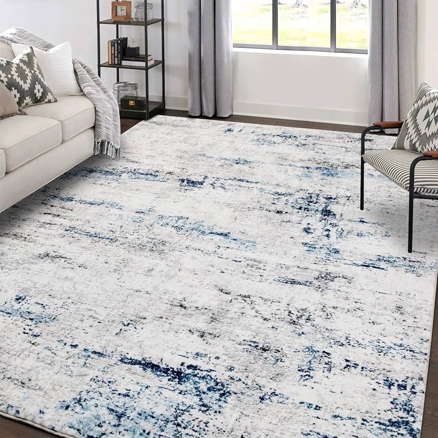 Area Rug Abstract Blue Streaks Distressed Carpet