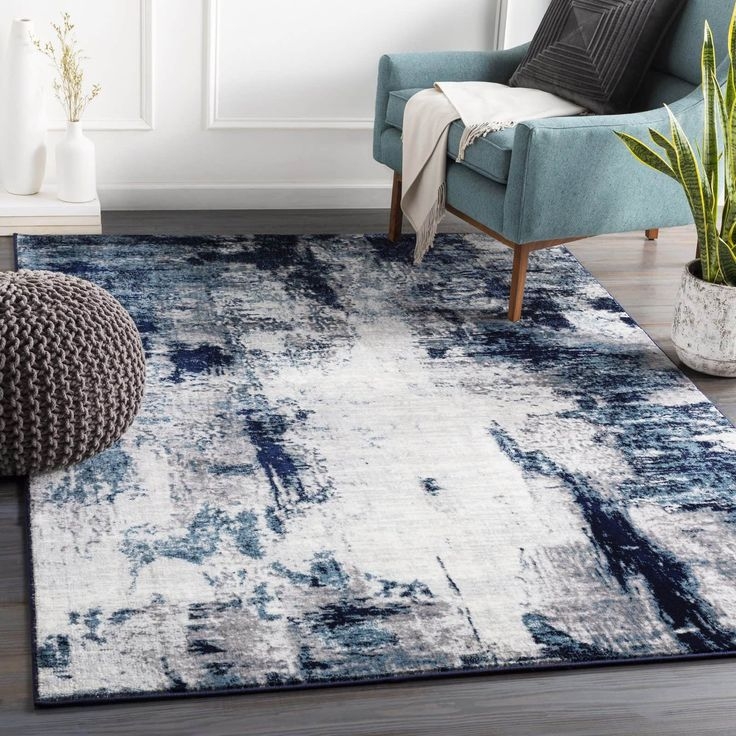 Area Rug Abstract Distressed Pattern Navy White