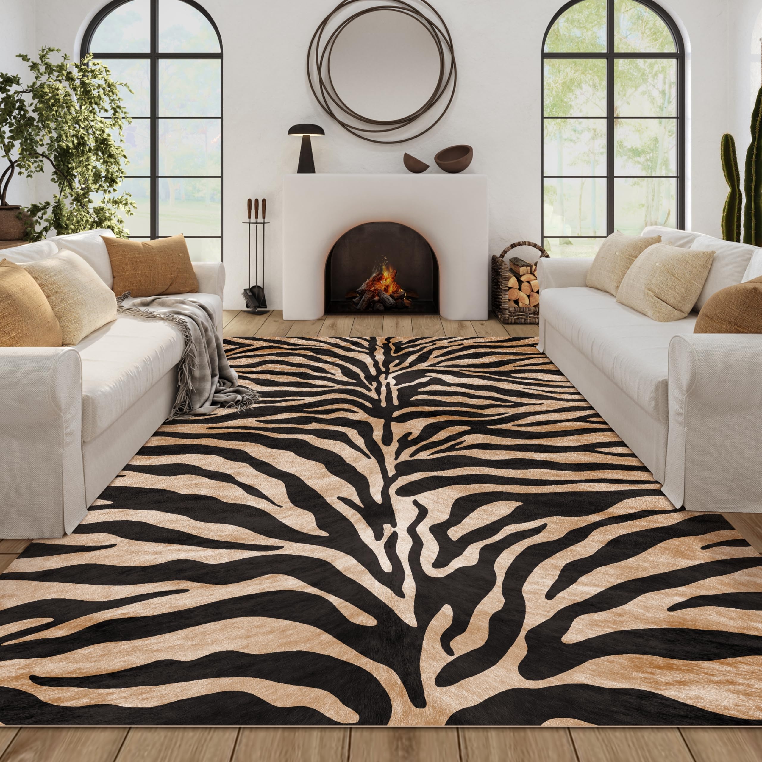 Area Rug Black and Tan Palette Large Animal Motif Rug
