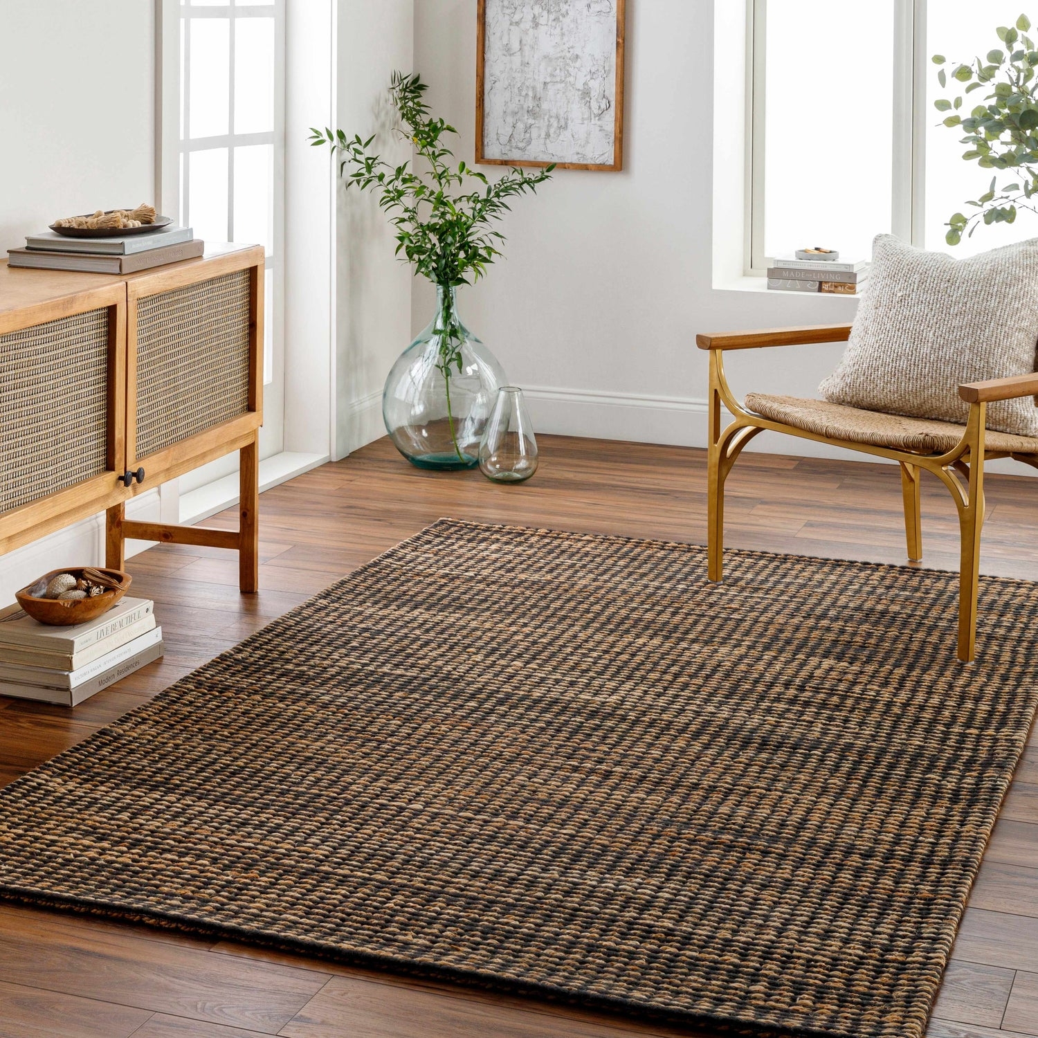 Area Rug Black Woven Grid Textured Natural Fiber Checkered