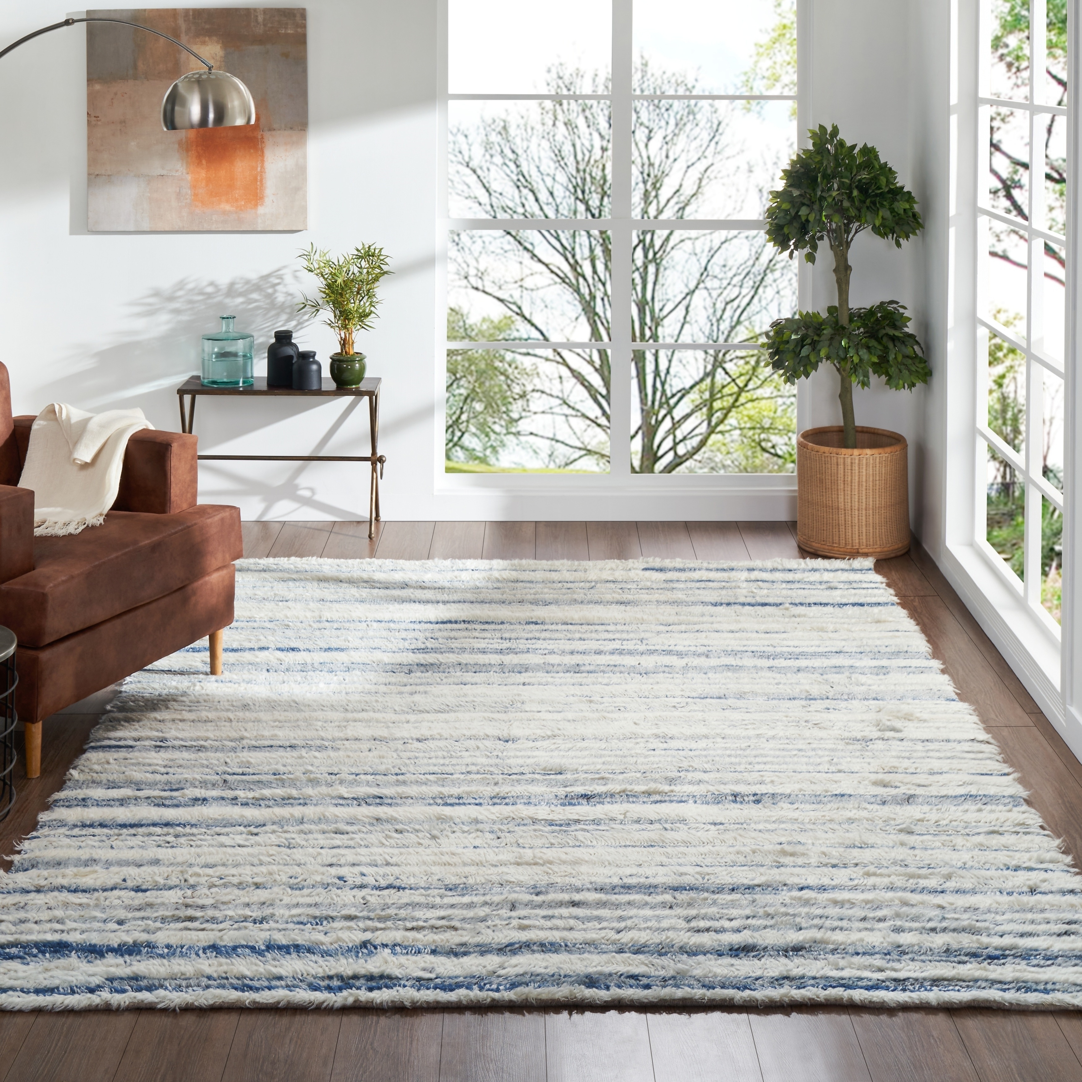 Area Rug Blue Abstract Stripes Shaggy Texture Rug