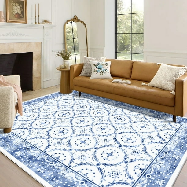 Area Rug Blue Floral Mandala Transitional Blue Carpet