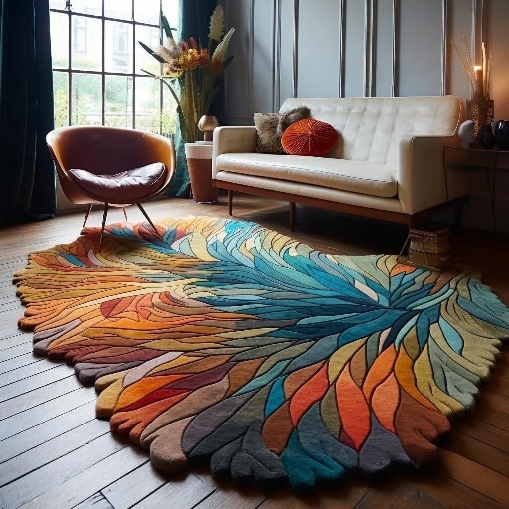 Area Rug Botanical Teal and Orange Scalloped Edges