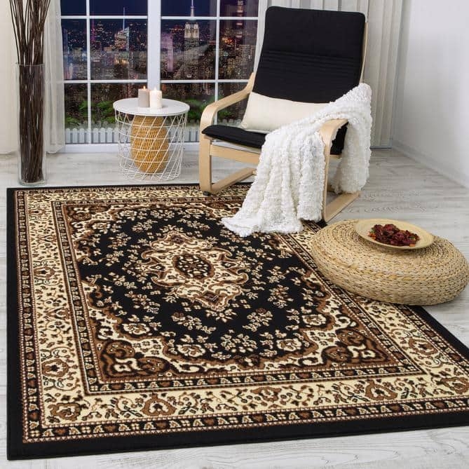 Area Rug Central Medallion Black Beige Intricate Scrollwork