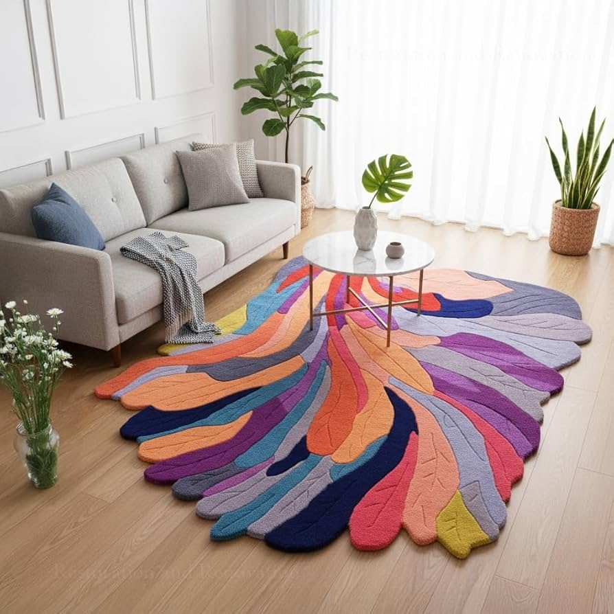 Area Rug Colorful Carved Pile Unique Botanical Design
