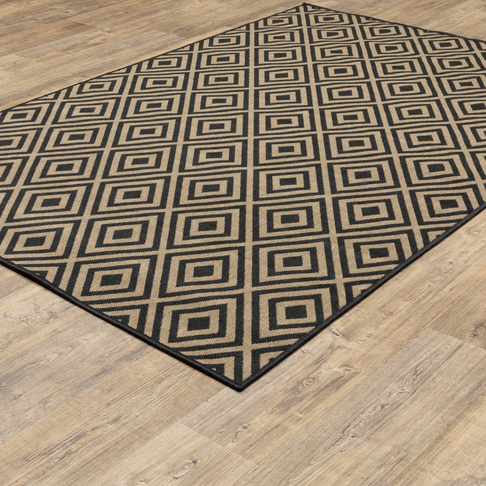 Area Rug Concentric Squares Diamond Layout Matte Black Tan
