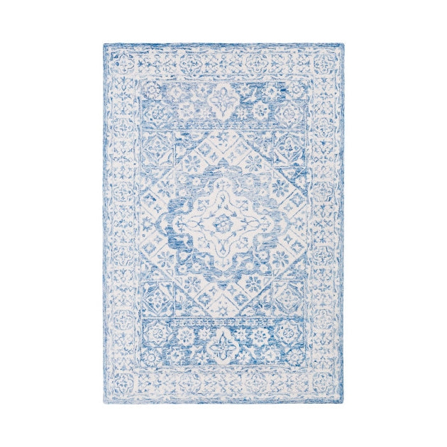 Area Rug Distressed Blue Pattern Coastal Wool Rug