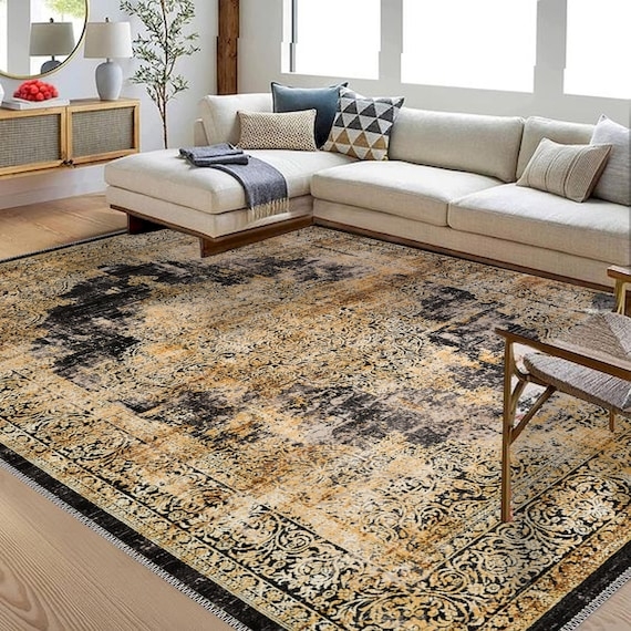 Area Rug Distressed Gold Field Faded Floral Motif Vintage