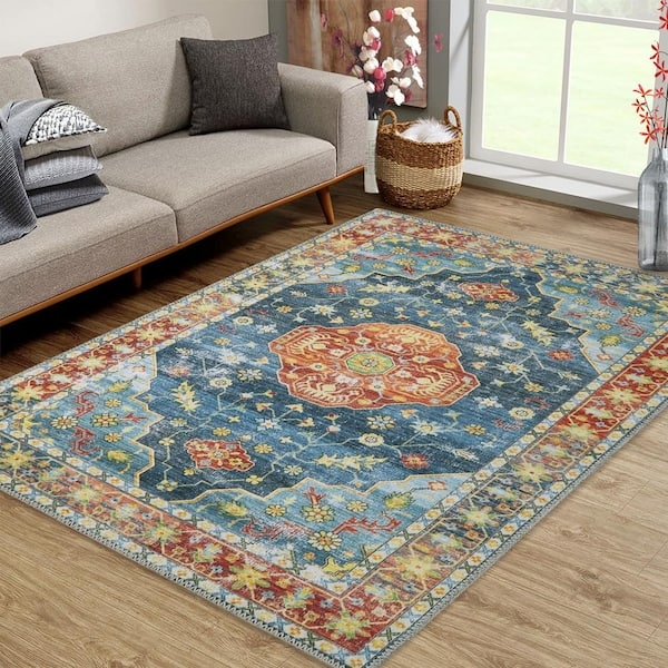 Area Rug Distressed Persian Pattern Distressed Blue and Orange Rug