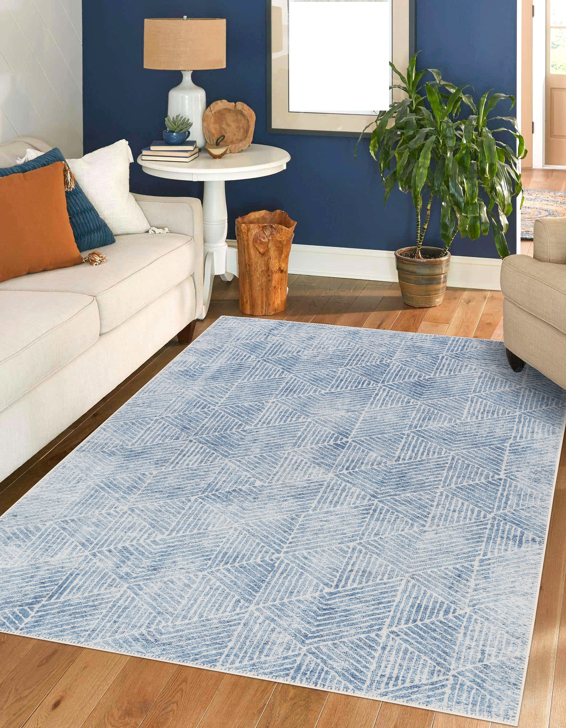 Area Rug Dusty Blue Geometric Low Pile Patterned Rug
