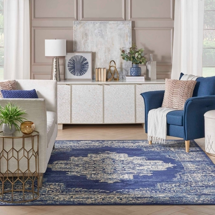 Area Rug Faded Medallion Pattern Navy Floor Carpet