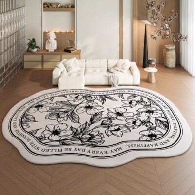 Area Rug Floral Line Art Minimalist Script Print