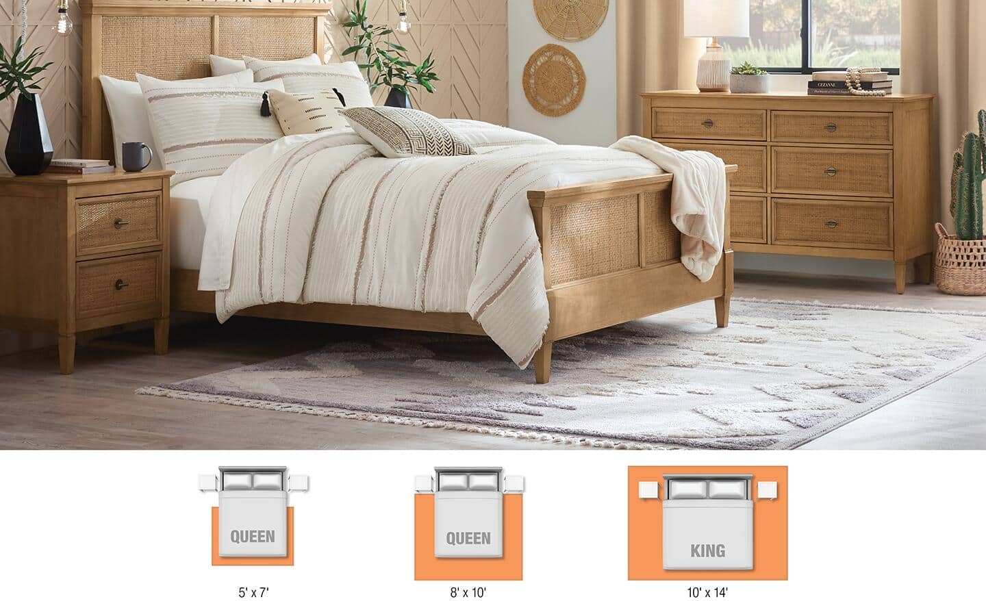Area Rug: Geometric Pattern with Rattan Cane Bedroom Furniture