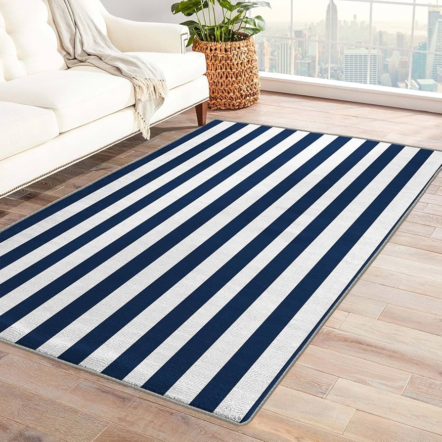 Area Rug Grey Piped Edge Nautical Striped Decor