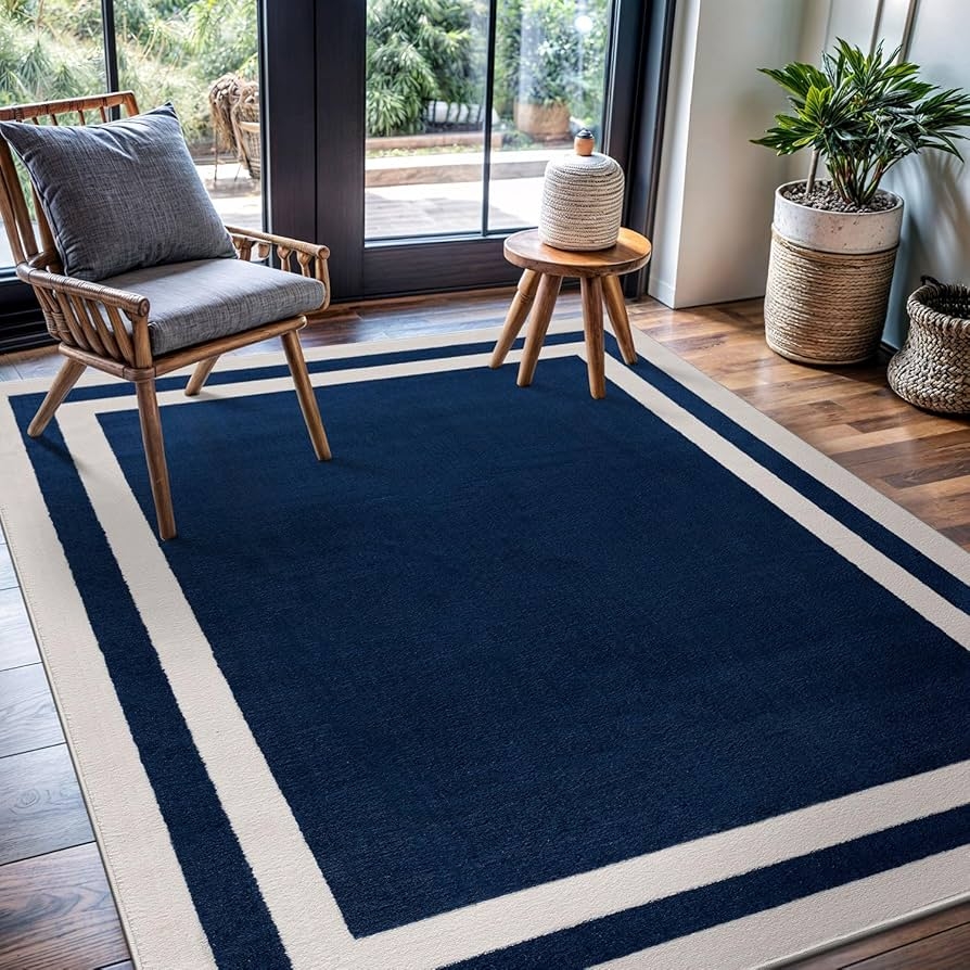 Area Rug Navy Cream Border Modern Coastal Style