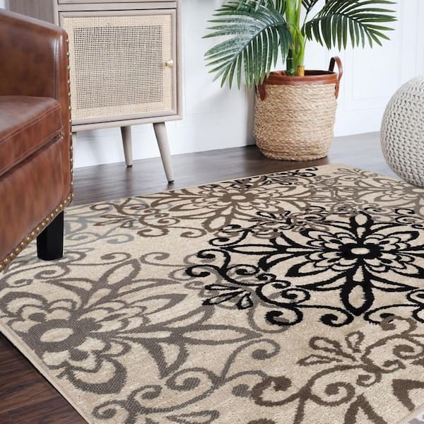 Area Rug Oversized Medallion Square Silhouette Floral Pattern