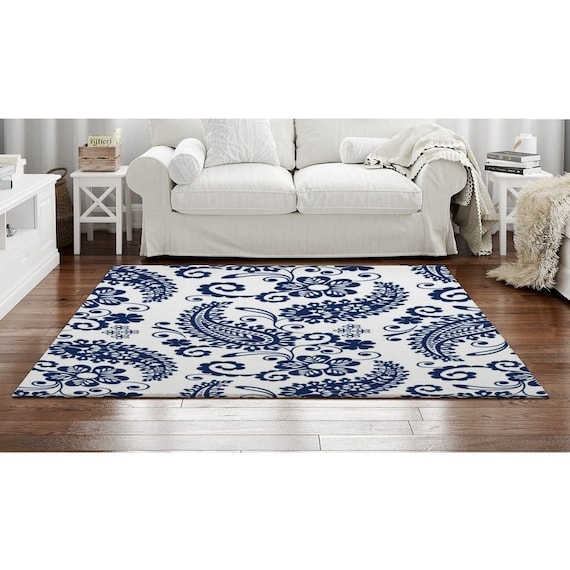 Area Rug Paisley Print Design Navy Floral Floor Mat