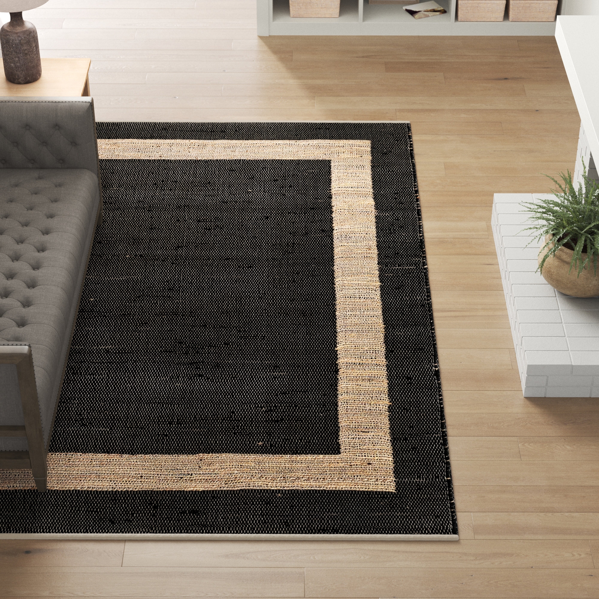 Area Rug Rectangular Border Inset Flatweave Cotton Texture