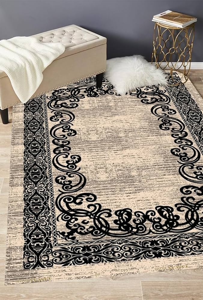 Area Rug Scrollwork Border Distressed Floral Antique Motif