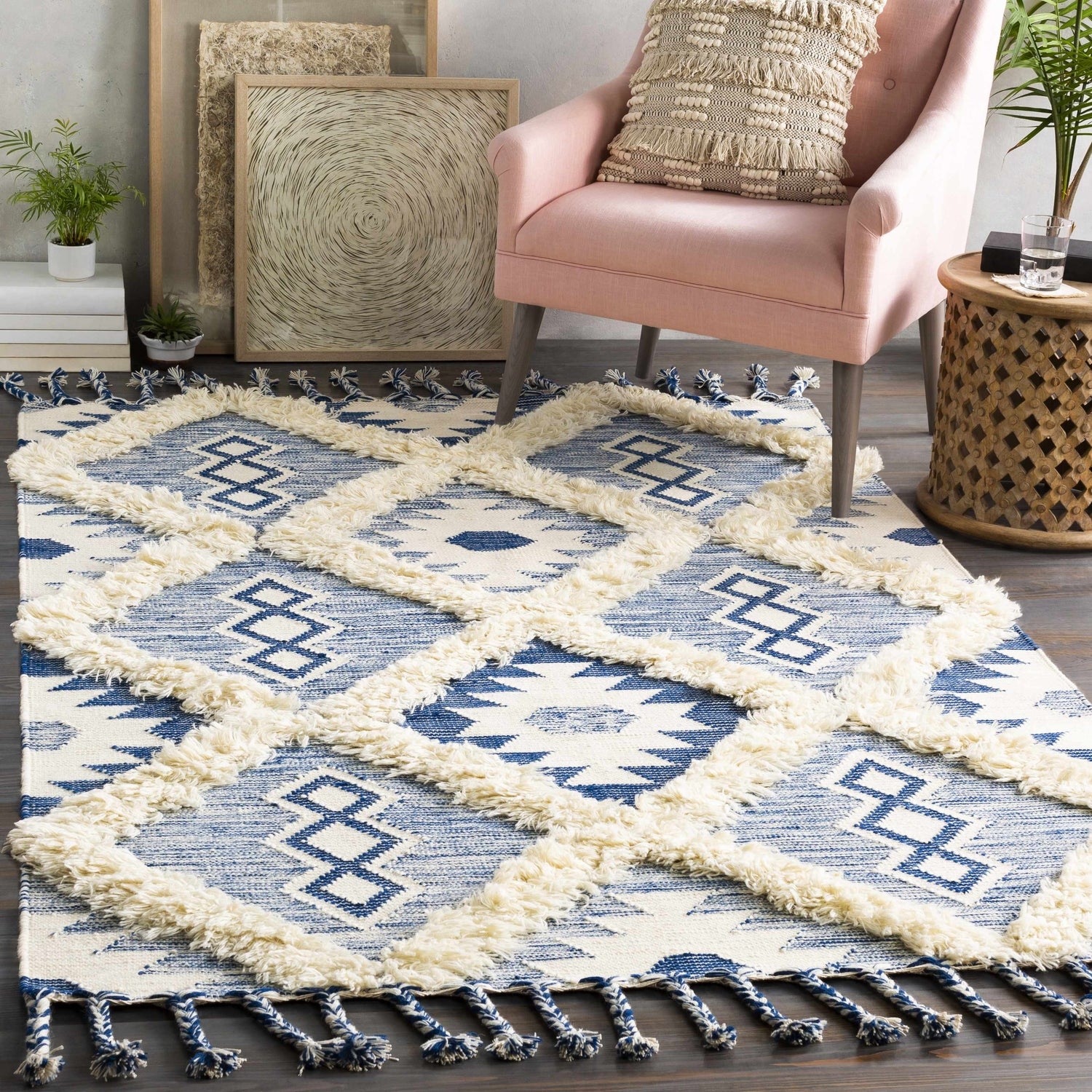 Area Rug Shaggy Tufted Borders Wool Diamond Rug