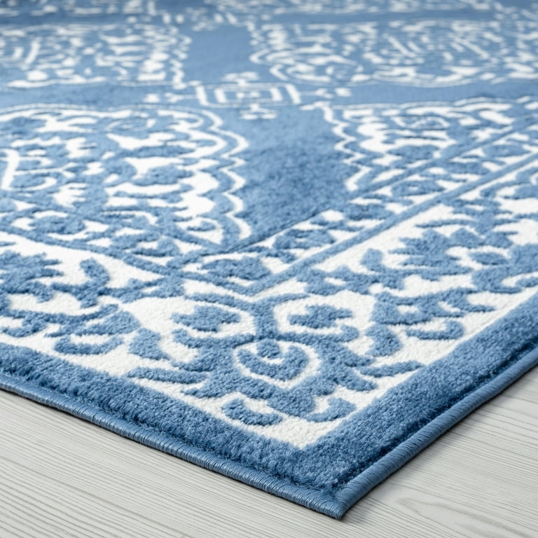 Area Rug Slate Blue Floral Damask Geometric Border