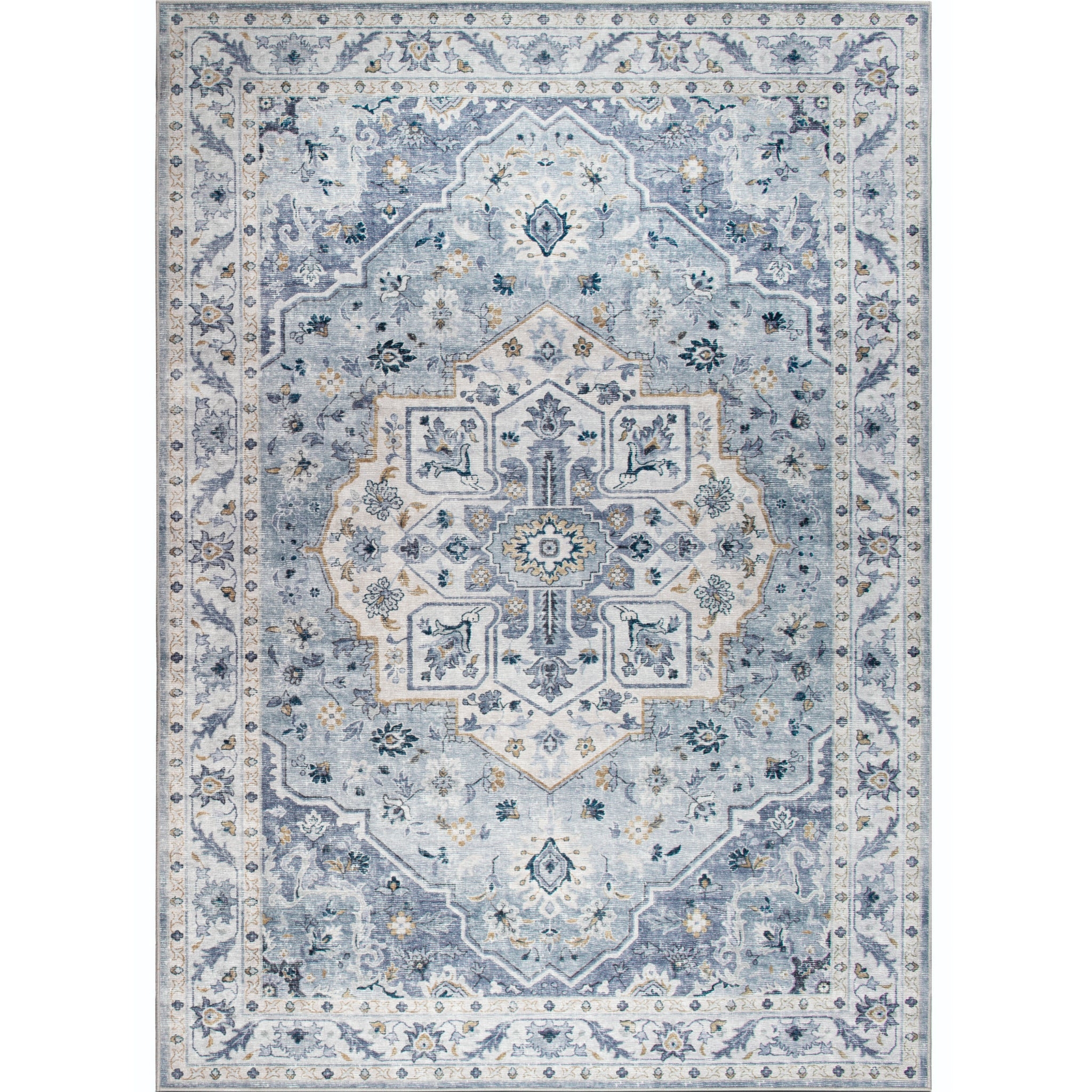 Area Rug Slate Blue Medallion Cool Toned Transitional Rug