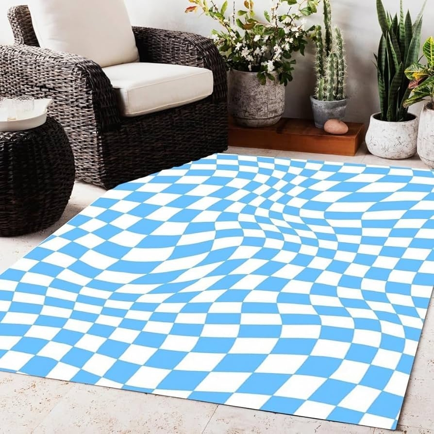 Area Rug Wavy Checkered Pattern Funky Boho Rug
