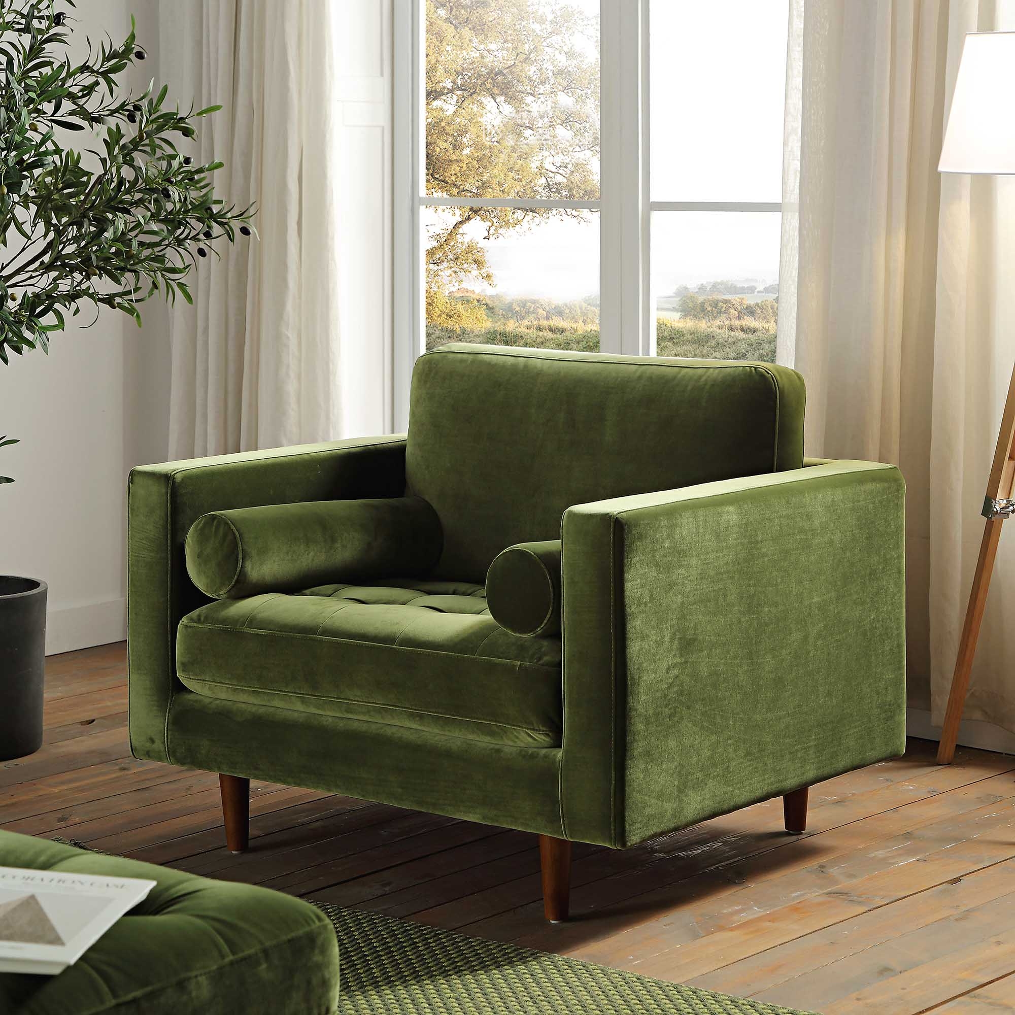 Armchair Moss Green Velvet Bolster Pillows Seating