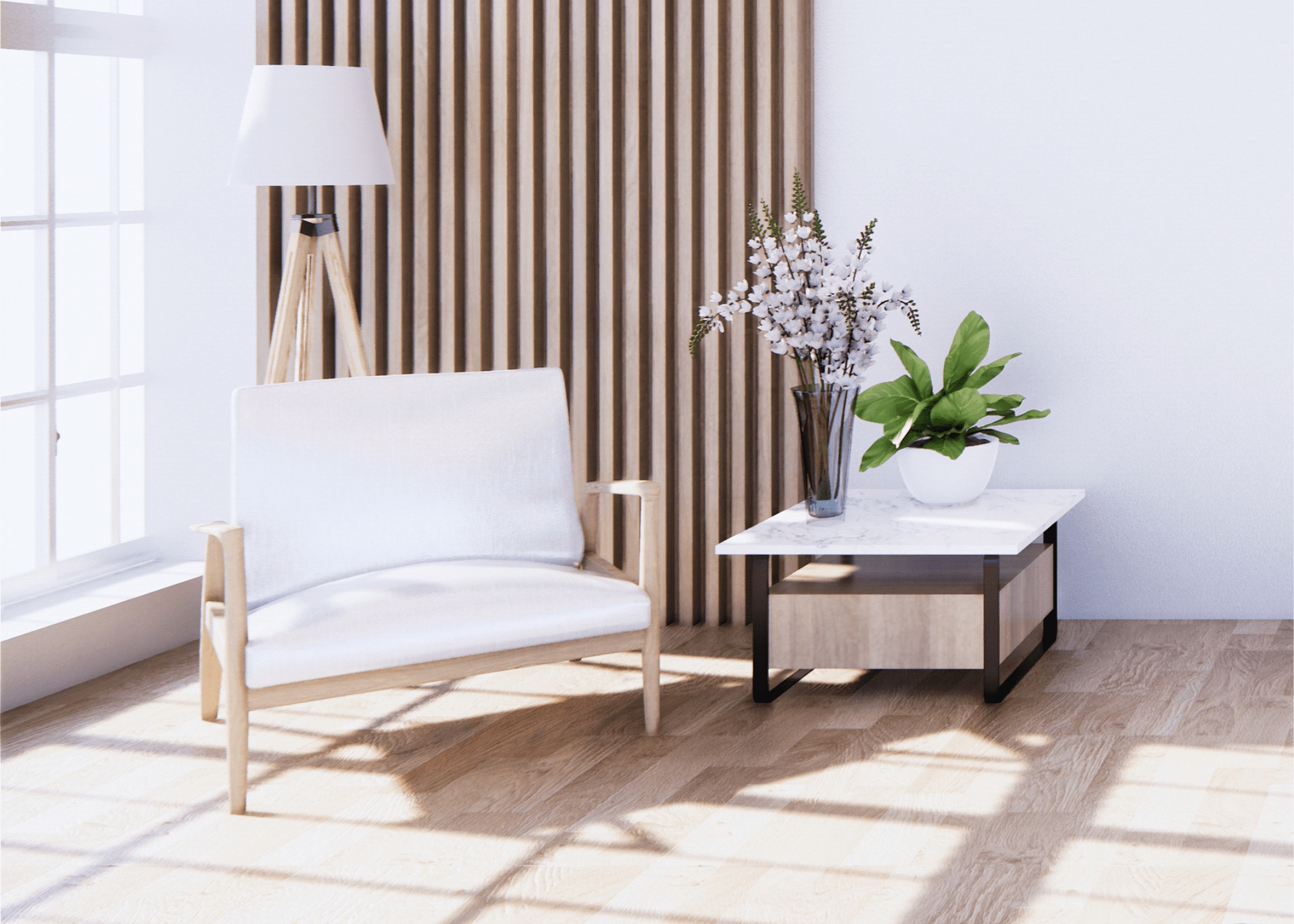 Armchair with Stone Top Side Table and Vertical Wood Slat Wall Ideas