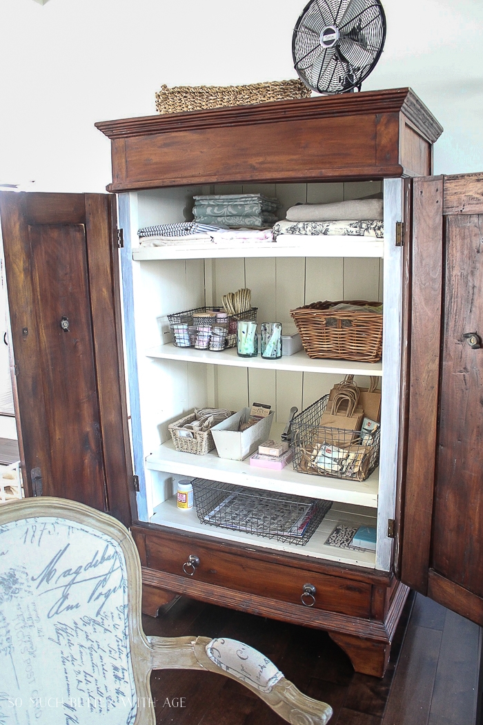Armoire Wire Mesh Bins French Script Fabric French Country Cabinet