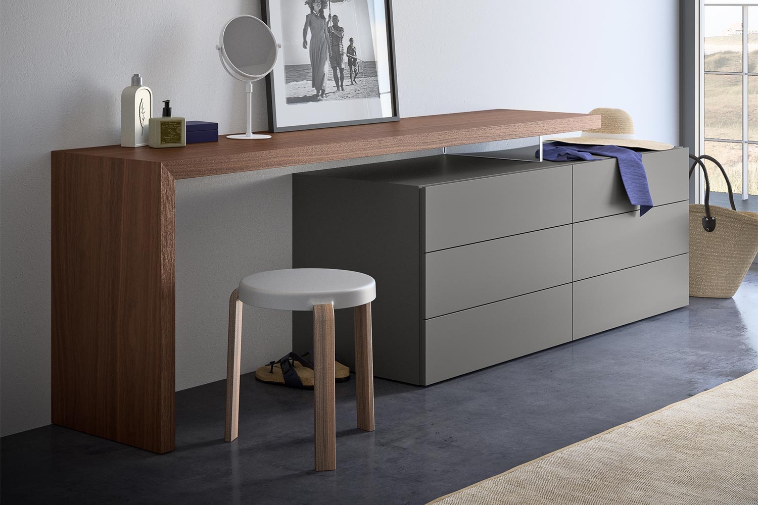 Asymmetrical Dresser Desk: Waterfall Edge Modern Walnut Desk
