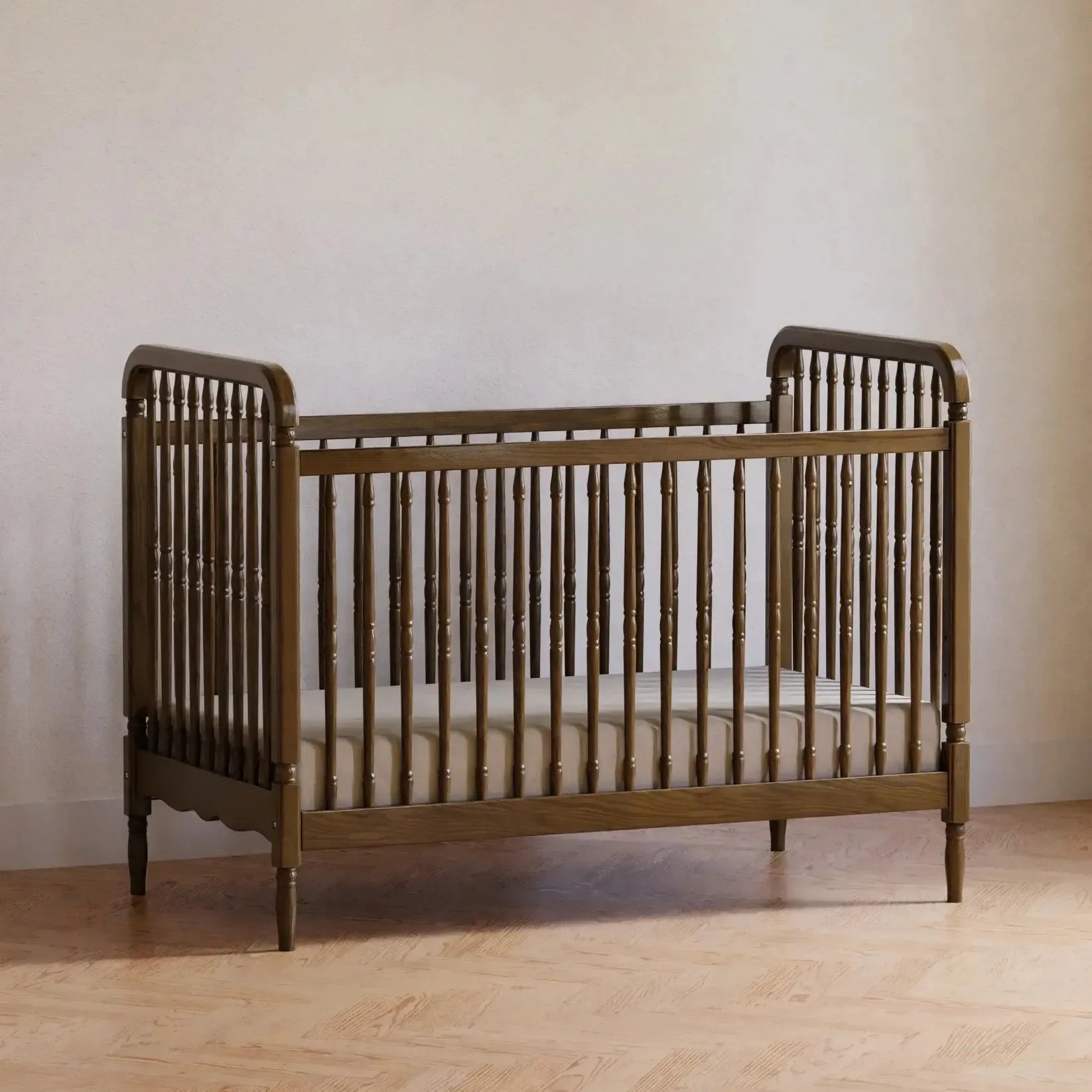 Baby Crib Turned Spindles Scalloped Apron - Walnut spindle crib
