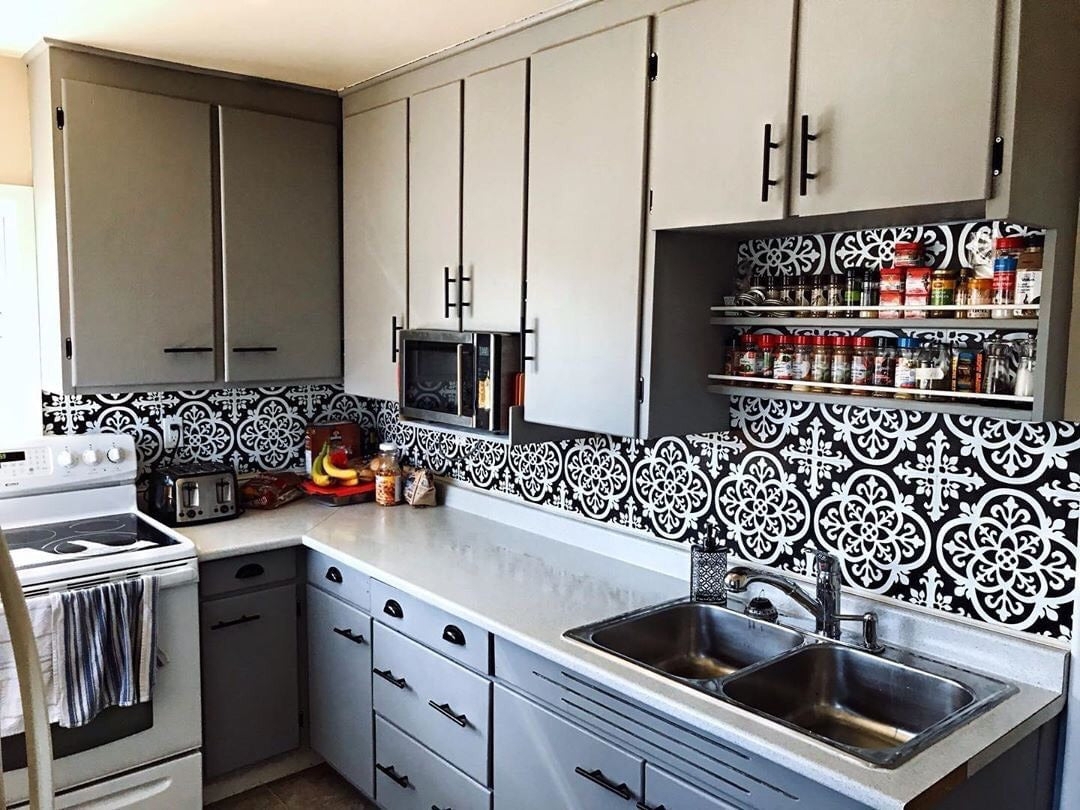 Backsplash Tile Ornate Pattern for Grey Cabinets DIY Update