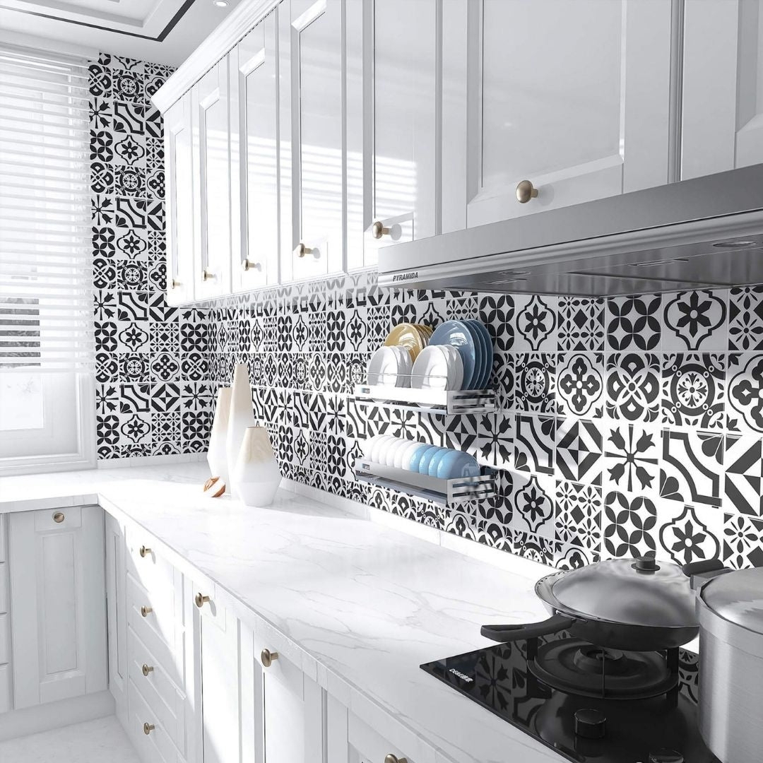 Backsplash Tile Spanish Pattern Monochrome DIY Kitchen Makeover