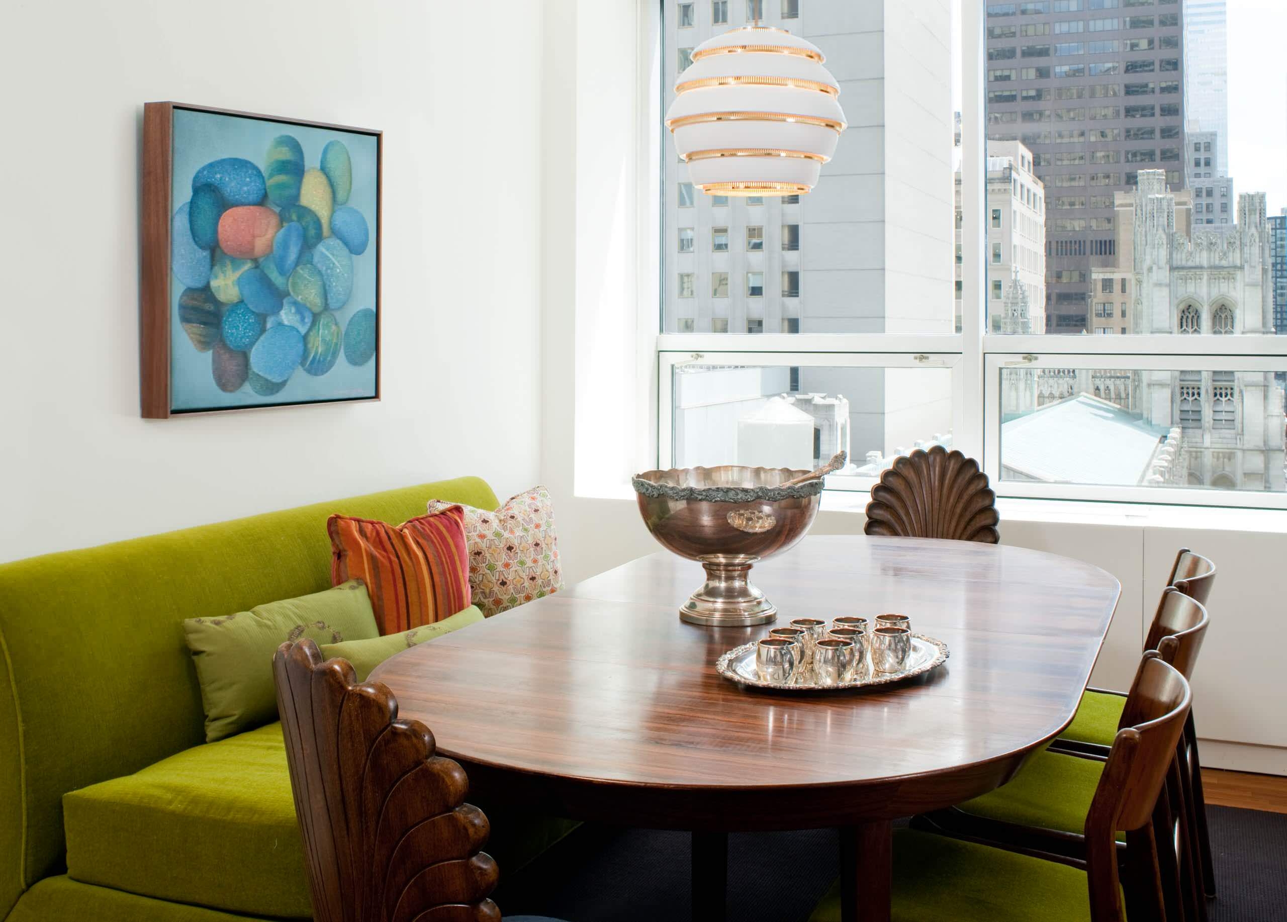 Banquette Seating Shell Back Chairs and Lime Green Accent