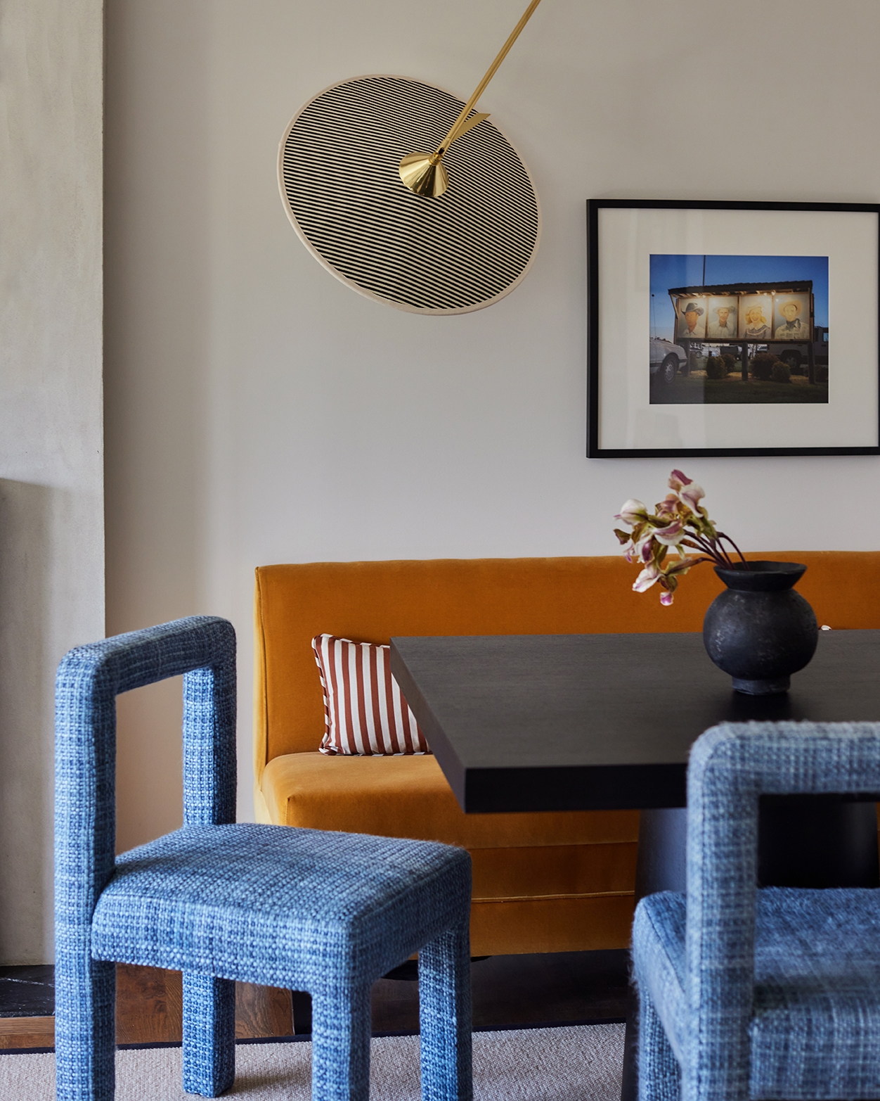 Banquette Sofa Mustard Yellow with Blue Textured Chairs