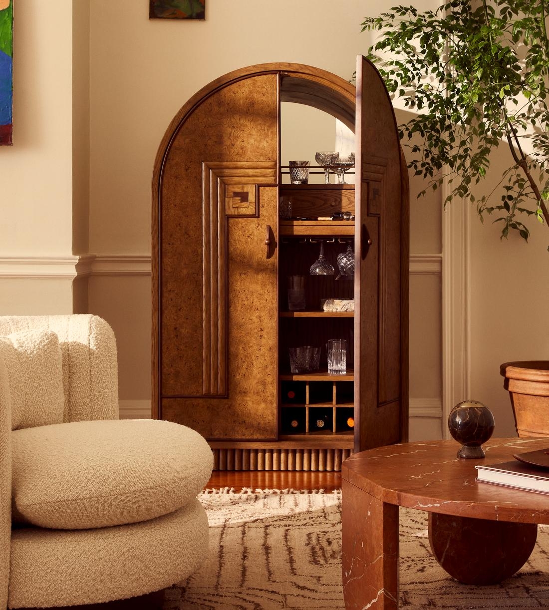 Bar Cabinet: Arched Burl Wood Doors Wine Storage Station