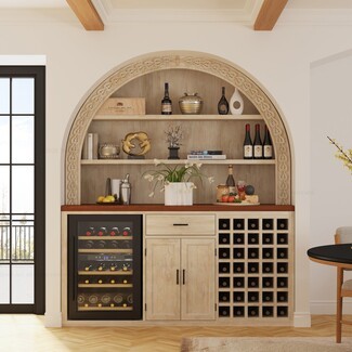 Bar Cabinet: Arched Carved Floral Motif Wine Fridge Unit