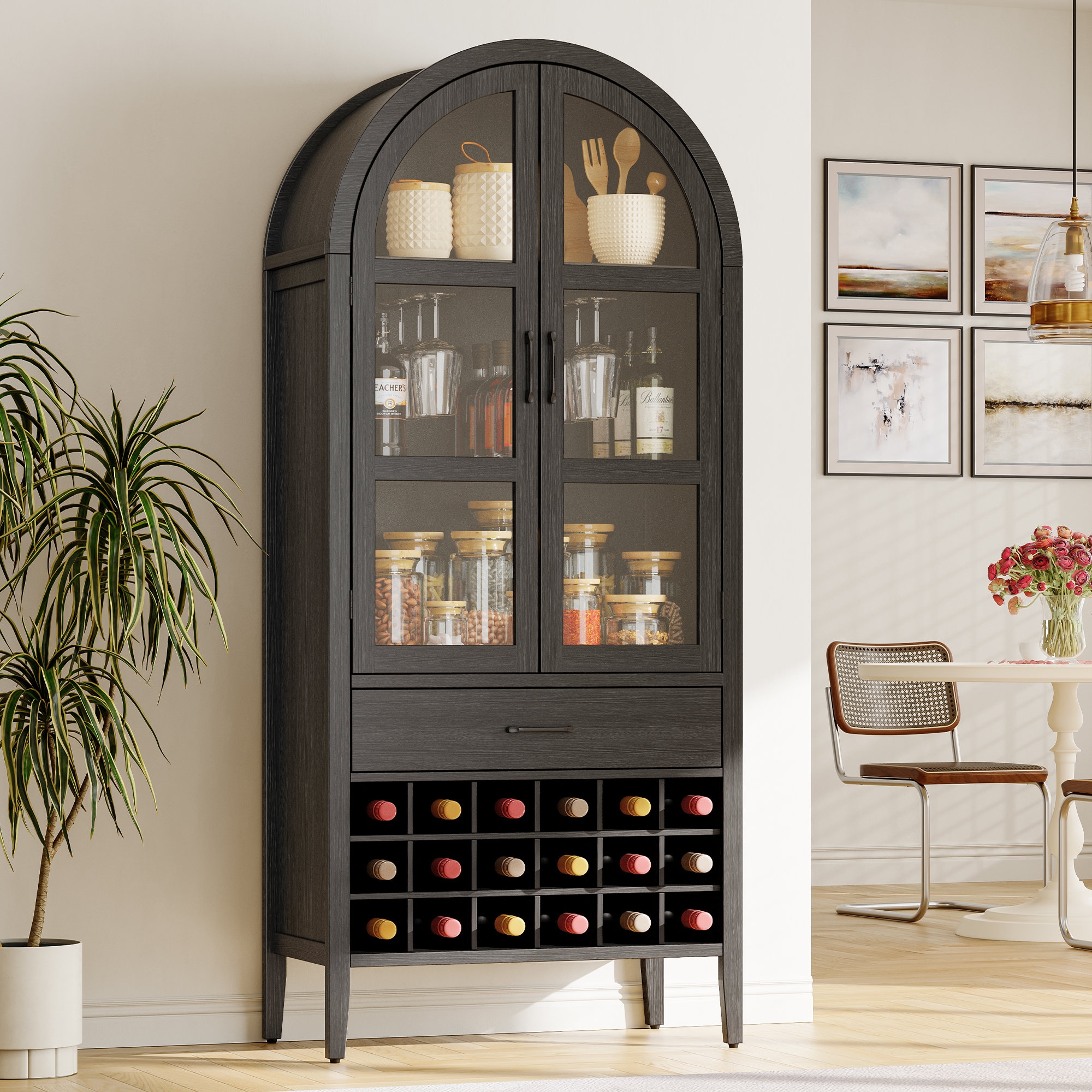 Bar Cabinet: Arched Charcoal Black 18 Bottle Wine Rack