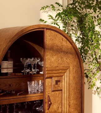 Bar Cabinet: Arched Heritage Burl Wood Veneer Bar Unit