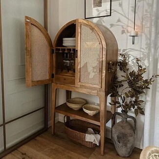 Bar Cabinet: Arched Honey Wood Cane Door Liquor Hutch