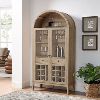 Bar Cabinet: Arched Light Oak Finish Glass Door Storage