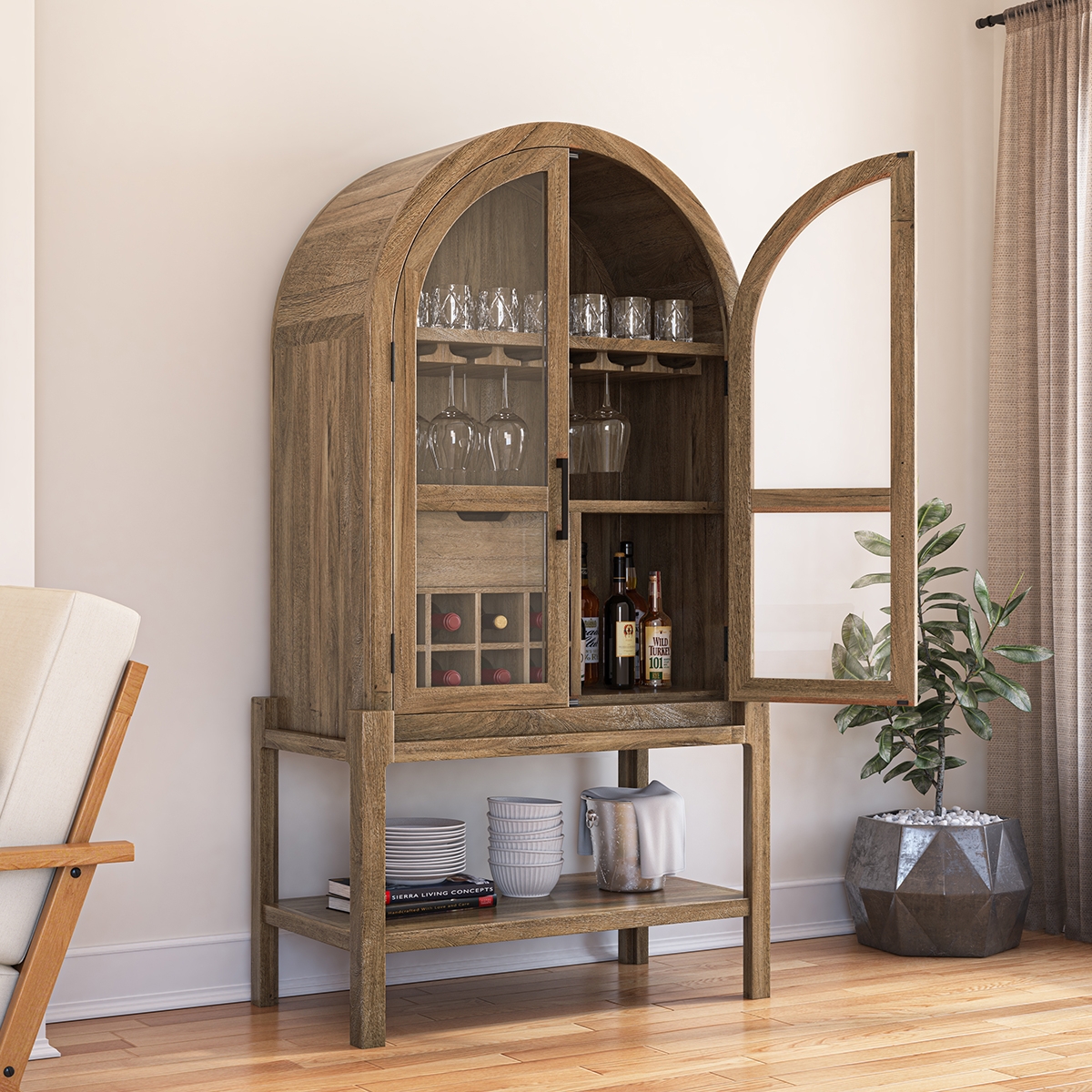 Bar Cabinet: Arched Oak Brown Elevated Base Storage